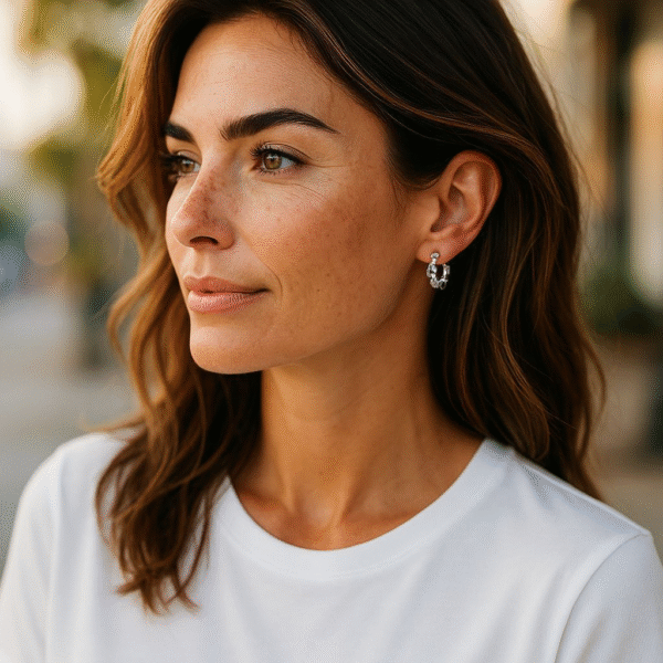 Woman with silver twist earrings