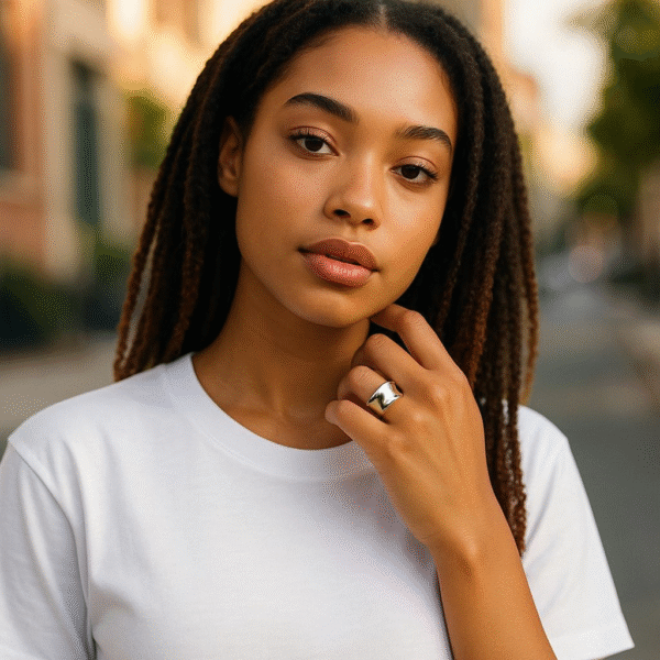 silver folds ring on woman