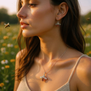 Silver Bee Amber Pendant Necklace on women
